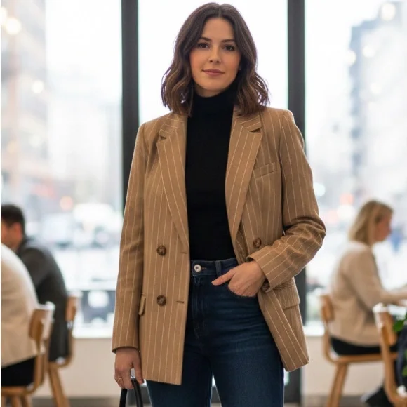 Sezane Sz 6 (38) Michele Tan Pin Stripes Double Breasted Wool Blend Blazer - Picture 1 of 8